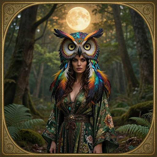 Digital artwork of a woman with owl mask, colorful feathers, green floral kimono, standing in moonlit forest, surrounded by ferns.