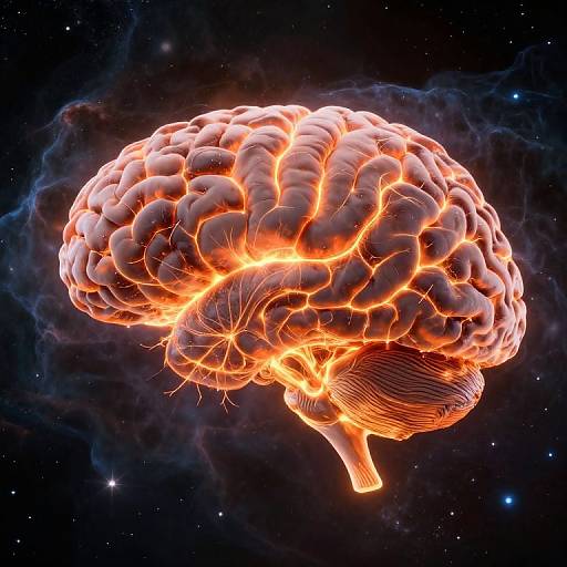 Digital artwork of a glowing, fiery brain floating in space, with vibrant orange and yellow lightning-like patterns and a dark, starry background. The brain