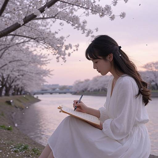 Photograph of a Japanese woman with long brown hair, wearing a white dress, writing in a notebook by a cherry blossom-lined river at sunset.