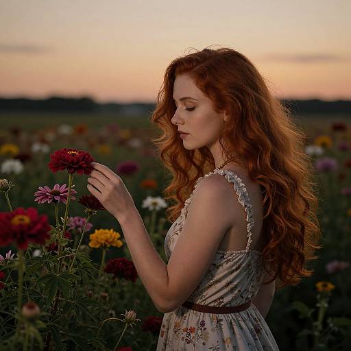 Photograph of a red-haired woman in a floral dress, gently holding a pink flower in a sunset-lit field of colorful wildflowers.