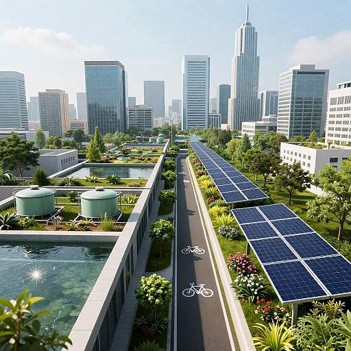 Futuristic Sustainable City with Green Roofs and Solar Panels