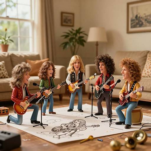 Photograph of five miniature, curly-haired rock musicians with guitars, kneeling on a white rug in a sunlit living room.