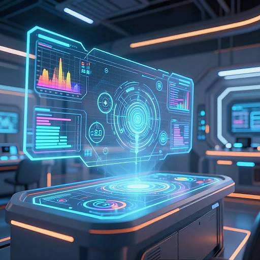 Neon-lit futuristic control room with holographic display panels and glowing interfaces, showcasing colorful graphs and data on a central screen.