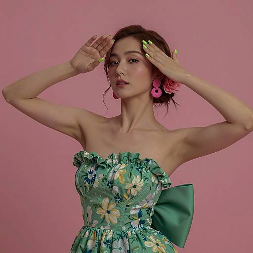 Asian Woman in Green Floral Dress with Pink Accessories