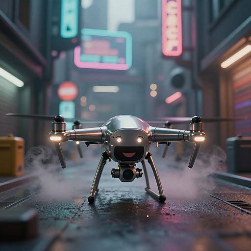 Neon Macro Drone in Cyberpunk Alley