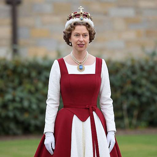 Photograph of a woman in a red and white regal dress, white gloves, pearl necklace, blue pendant, and gold crown, standing in front