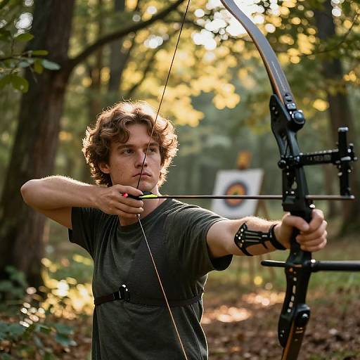 Photograph of a curly-haired man in a green shirt, drawing a black compound bow in a sunlit forest, focused on target.