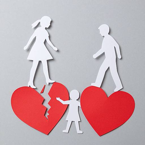 White paper cutout of a family—mother, father, and child—repairing a broken red heart on a grey background. Symbolizing love and