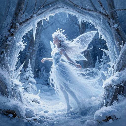 Digital fantasy artwork of a glowing, ethereal ice fairy with transparent wings and crown, standing in a luminous, icy cave.