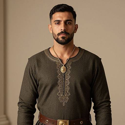 Photorealistic digital portrait of a bearded man with dark hair, wearing a textured dark brown long-sleeve shirt, ornate necklace, and