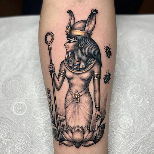 Black and gray tattoo of an Egyptian goddess with an ankh staff, lotus base, adorned in traditional jewelry, surrounded by bees.