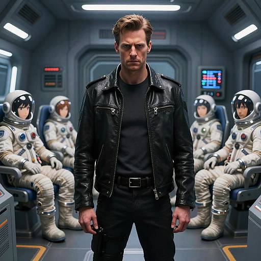 Man in Leather Jacket with Anime Astronauts on Spaceship