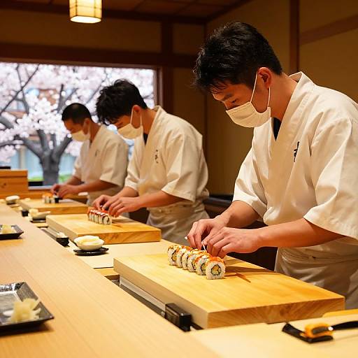 Photograph of three Japanese male chefs in white uniforms and masks, preparing sushi on wooden boards in a traditional wooden restaurant.