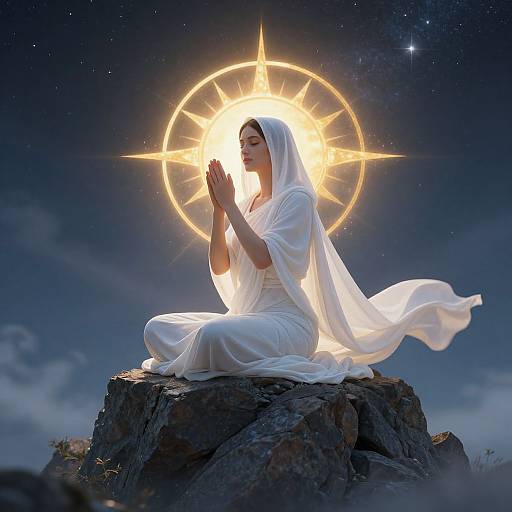 Photograph-like digital art of a serene woman in white, praying on a rock, with a glowing sun halo in a starry night sky.