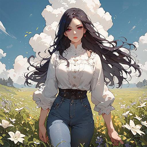 Digital anime-style illustration of a beautiful woman with long black hair, white blouse, and blue jeans, standing in a sunny field with white flowers and fluffy