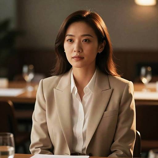 Photograph of an Asian woman with long black hair, wearing a beige blazer over a white shirt, sitting in a dimly lit restaurant with blurred