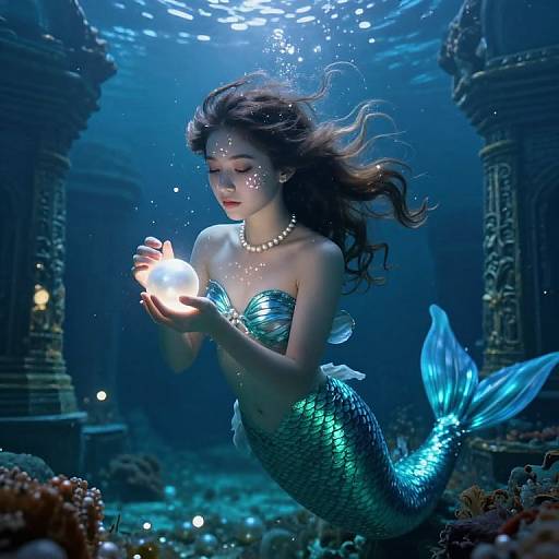 Photorealistic digital artwork of a beautiful mermaid with long brown hair, pearl necklace, and green scales, holding a glowing orb underwater, surrounded by