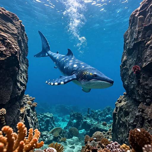 Photograph of a large, blue-spotted whale shark swimming between towering underwater rocks, surrounded by colorful coral reefs in a clear, blue ocean. Sun