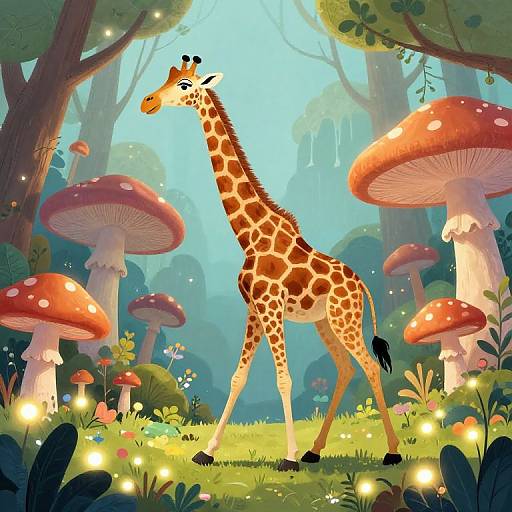 Surreal Giraffe in Dreamy Mushroom Forest
