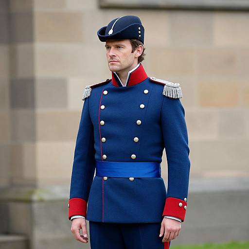 Photograph of a man in a dark blue military uniform with red cuffs, white epaulettes, and a black hat, standing against a beige