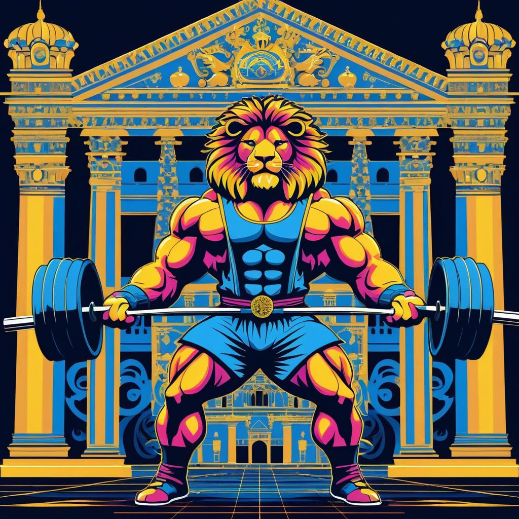 Muscular Lion Lifting Barbell Majesty