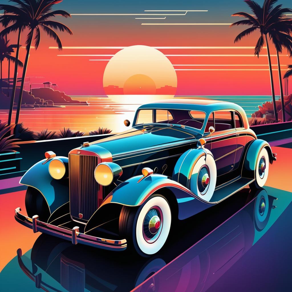 Art Deco Classic Car at Coastal Sunset