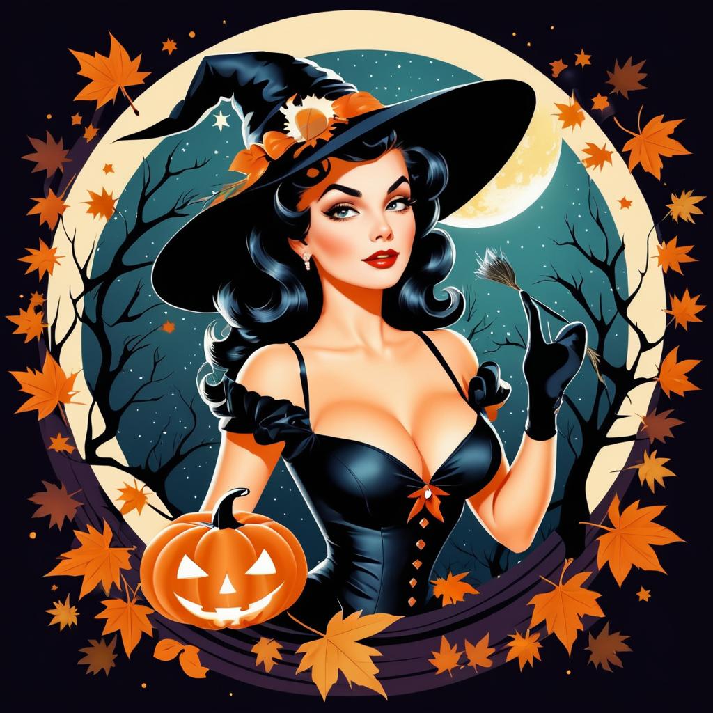 Vintage Pin-Up Witch in Autumn Theme