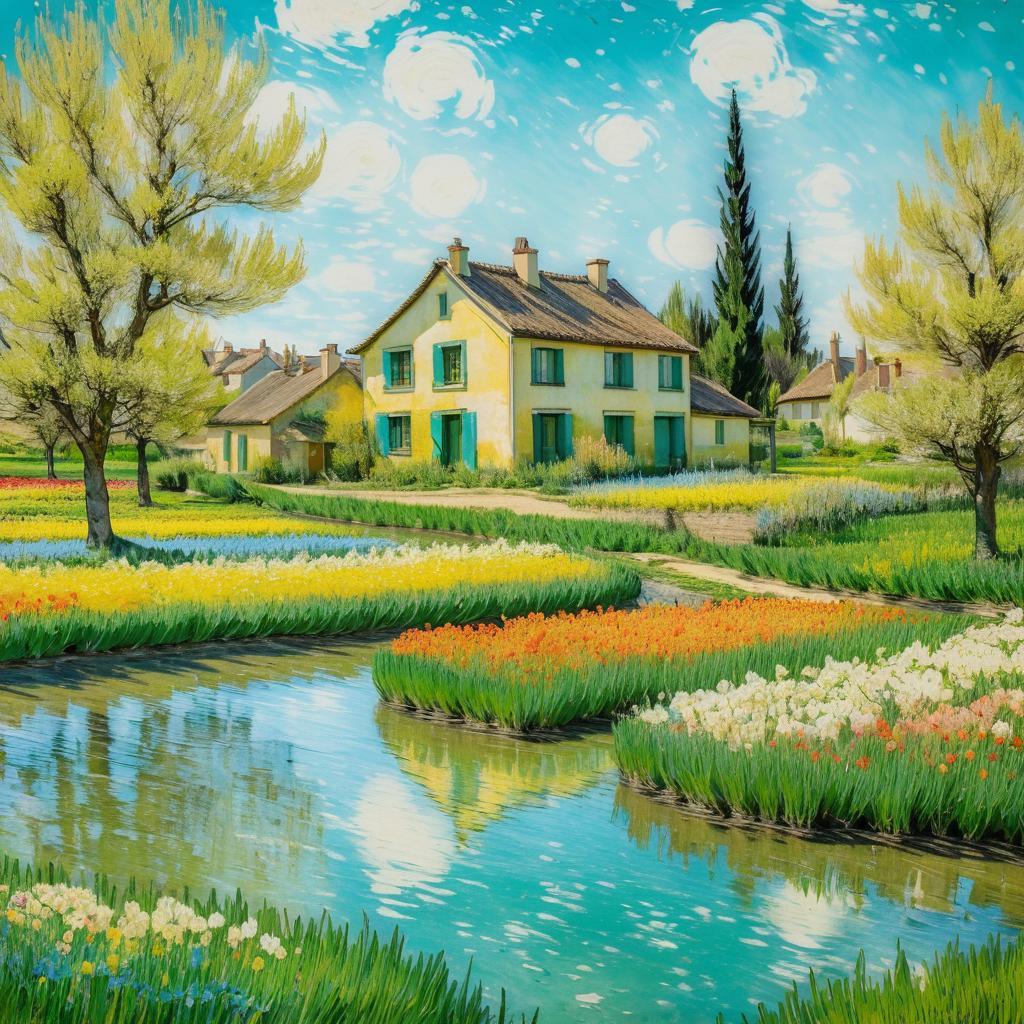 Charming Spring Village in Vibrant Art