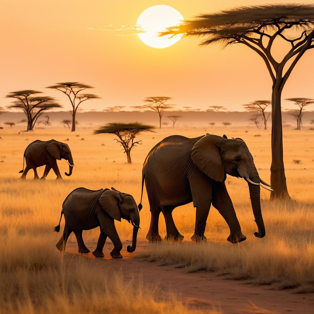 Elephants at Sunset in Savanna