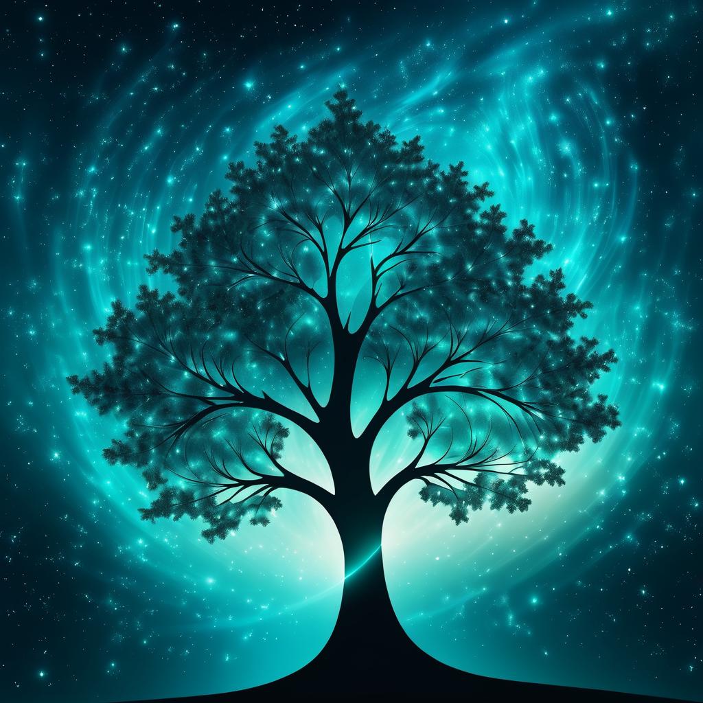 Fractal Tree Silhouette with Teal Aura