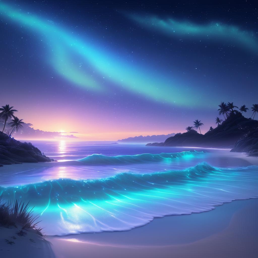 Mystical Beach with Bioluminescent Waves