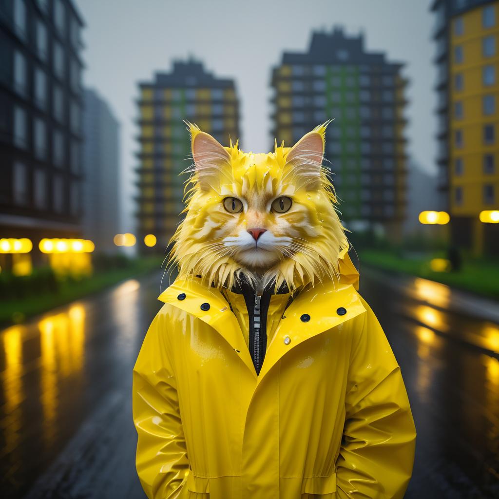 Norwegian Forest Cat in Rainy Cityscape