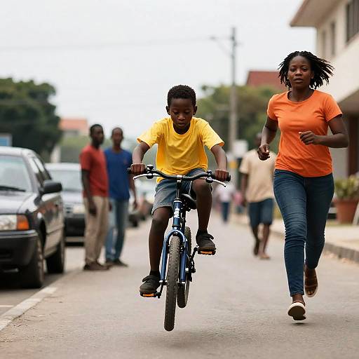 Boy Jumping Bicycle with Woman Running Behind