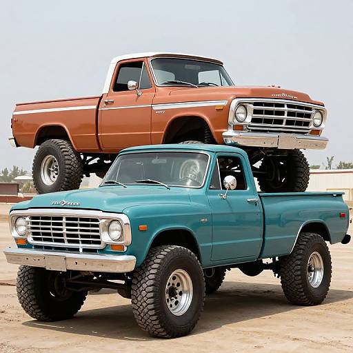 Photograph of two lifted vintage trucks: a blue 1970s Chevrolet C10 below and an orange 1960s Ford F-100 on