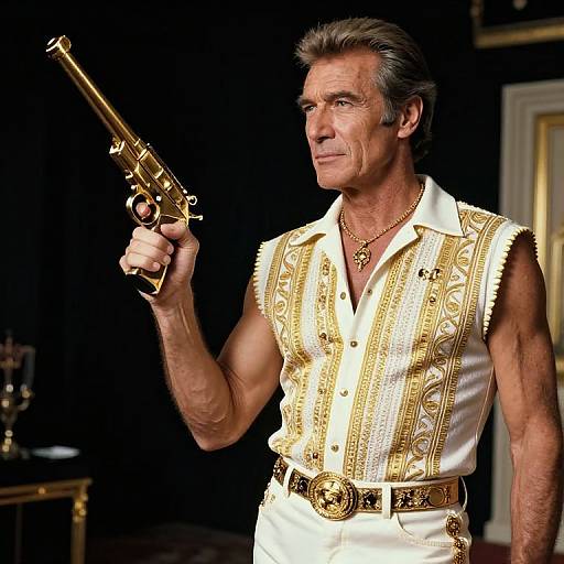 Photograph of a muscular middle-aged man with gray hair, wearing a white, gold-embroidered vest, holding a golden revolver, standing against