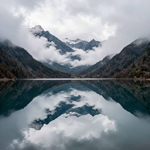 Photograph of a serene mountain lake, reflecting cloudy skies and mist-covered peaks, creating a symmetrical, mirror-like effect.