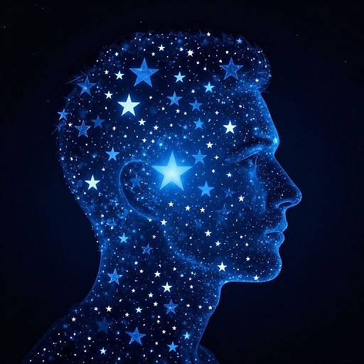 Digital illustration of a blue glowing human head profile filled with various sizes of white and blue stars against a black background.