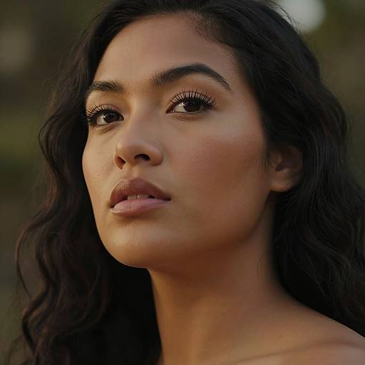 Photograph of a beautiful young woman with long, wavy dark hair, full eyebrows, and glossy lips, gazing slightly to the side, with