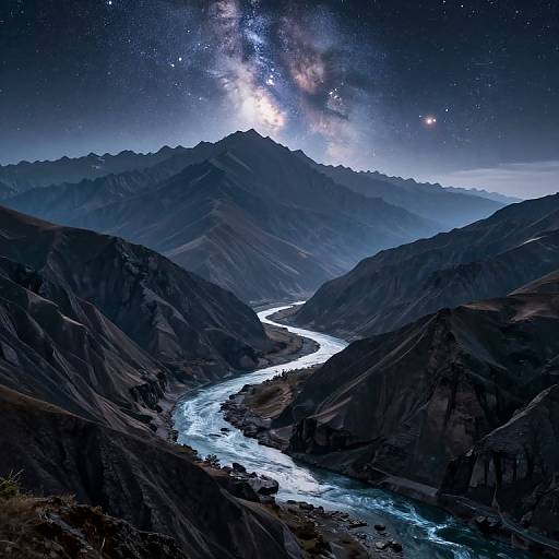 Photograph of a starry night sky over a mountainous landscape with a glowing river winding through dark, rugged hills. Milky Way visible above.