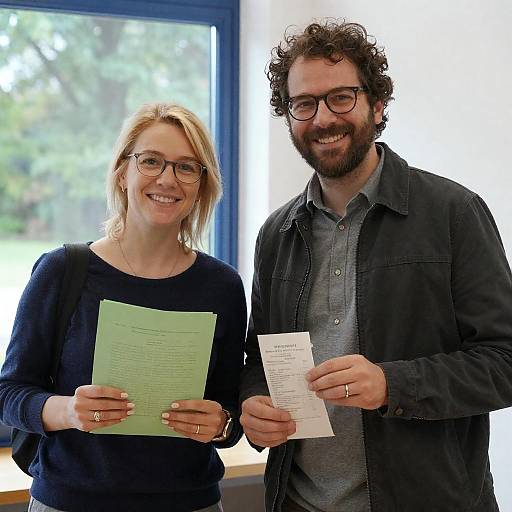 Smiling Couple Holding Papers Indoors