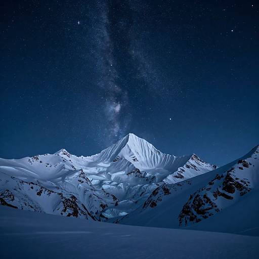 Photograph of a snow-covered mountain range under a starry night sky with the Milky Way visible, creating a serene, ethereal landscape.