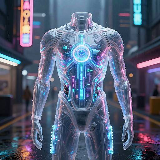 Neon-lit cyber city street at night, featuring a glowing, transparent, humanoid robot with intricate blue and pink circuitry lights.