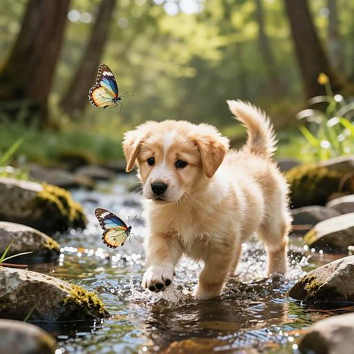 Puppy and Butterfly by Sparkling Stream