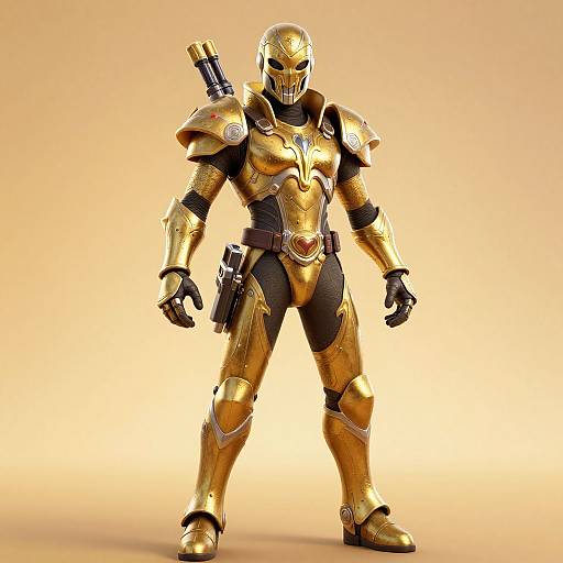 CGI image of a golden armored warrior with a helmet, black gloves, and gun holster, standing against a gradient orange background.