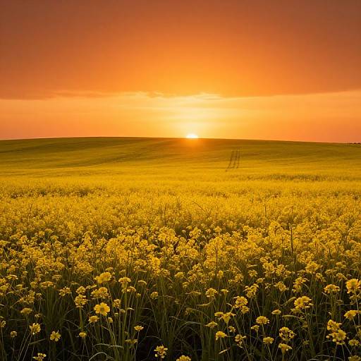 Photograph of a vast yellow wildflower field at sunset, with a golden sun setting on the horizon, casting a warm, orange glow across the landscape