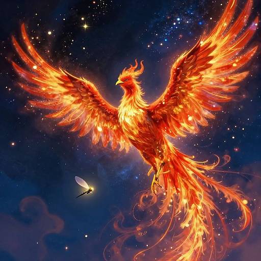 Digital artwork of a vibrant, fiery phoenix with outstretched wings soaring through a starry, cosmic night sky, pursued by a glowing dragonfly.