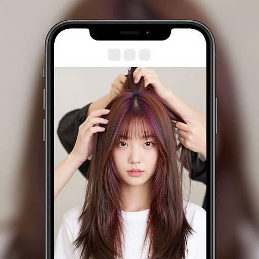 Photograph of an Asian woman with long brown hair, wearing a white shirt, being styled by hands holding her hair, reflected in a smartphone screen.