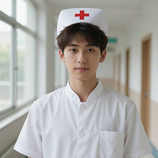 Photograph of an Asian male nurse with short black hair, wearing a white uniform and cap with a red cross, standing in a brightly lit hospital corridor