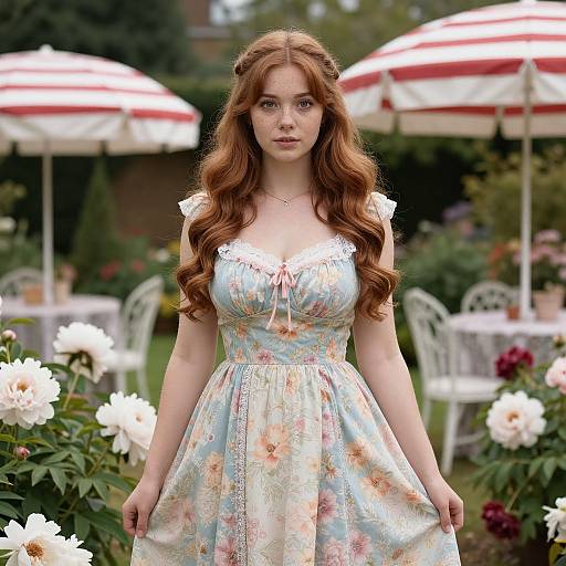 Photograph of a young red-haired woman with long curls, wearing a floral, Victorian-style dress, standing in a garden with white and red umbrellas