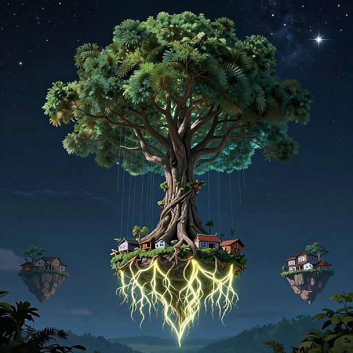 Digital illustration of a giant tree with houses hanging from roots, glowing roots, and floating islands, under a starry night sky.